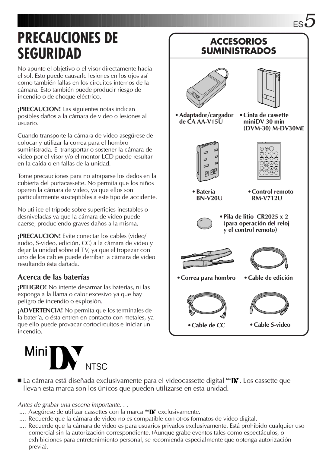 JVC GR-DVF10 manual Acerca de las baterías, De CA AA-V15U, Batería, BN-V20U RM-V712U 