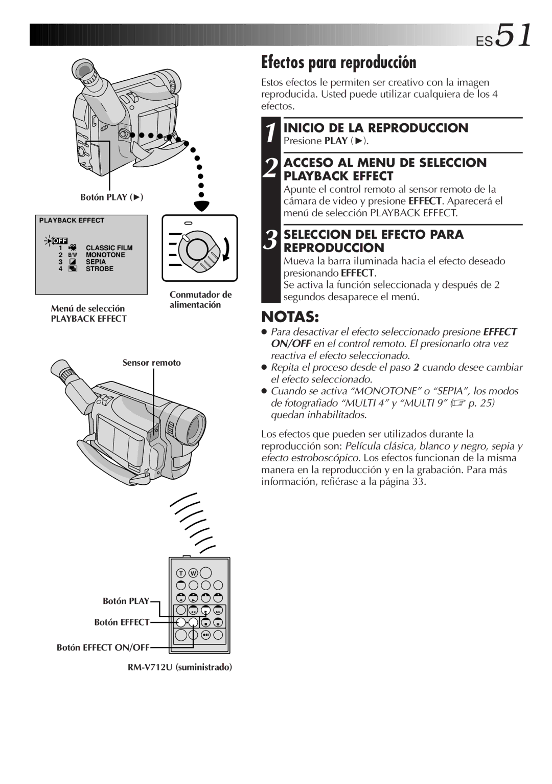 JVC GR-DVF10 manual Efectos para reproducción, Acceso AL Menu DE Seleccion Playback Effect, Menú de selección 