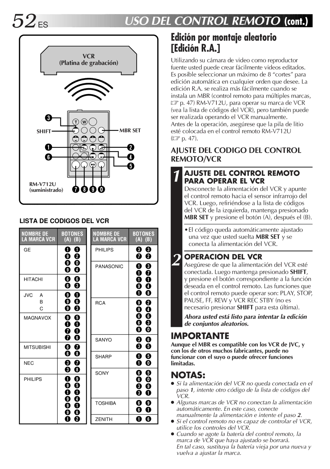 JVC GR-DVF10 52 ES, Edición por montaje aleatorio Edición R.A, Ajuste DEL Codigo DEL Control REMOTO/VCR, Operacion DEL VCR 