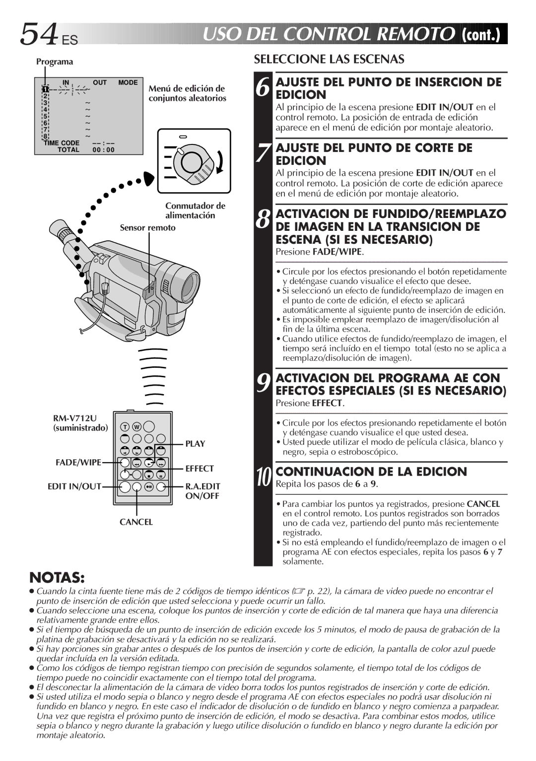 JVC GR-DVF10 manual 54 ES, Ajuste DEL Punto DE Insercion DE Edicion, Ajuste DEL Punto DE Corte DE Edicion, Programa 