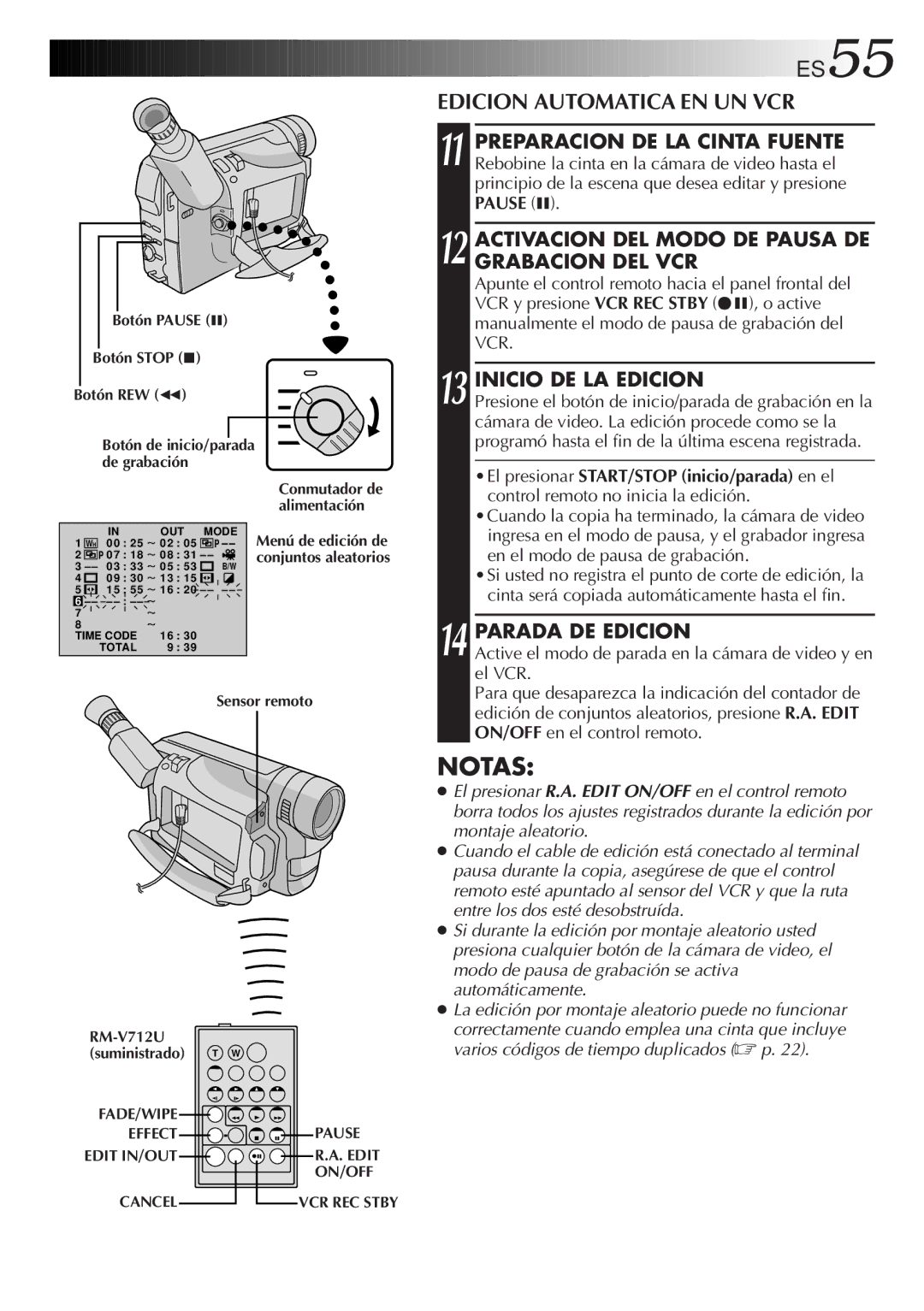 JVC GR-DVF10 manual Edicion Automatica EN UN VCR, Activacion DEL Modo DE Pausa DE Grabacion DEL VCR, Parada DE Edicion 