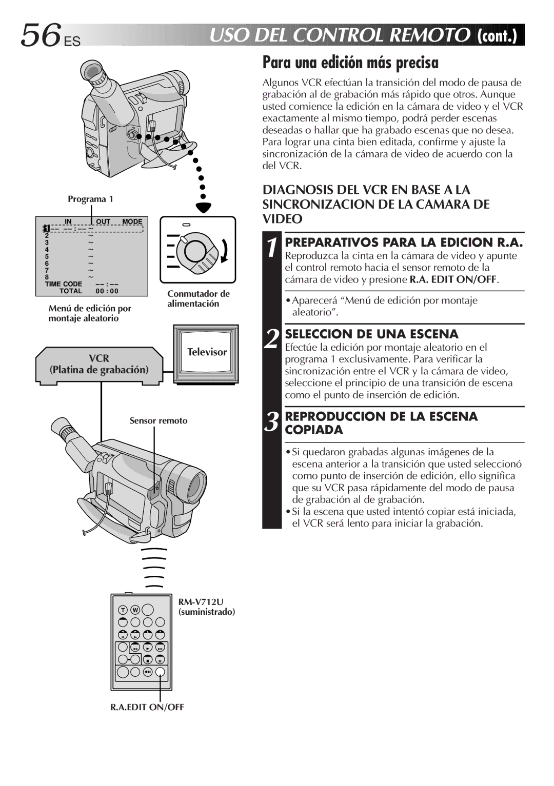 JVC GR-DVF10 manual 56 ES, Para una edición más precisa, Reproduccioncopiada DE LA Escena, Televisor 