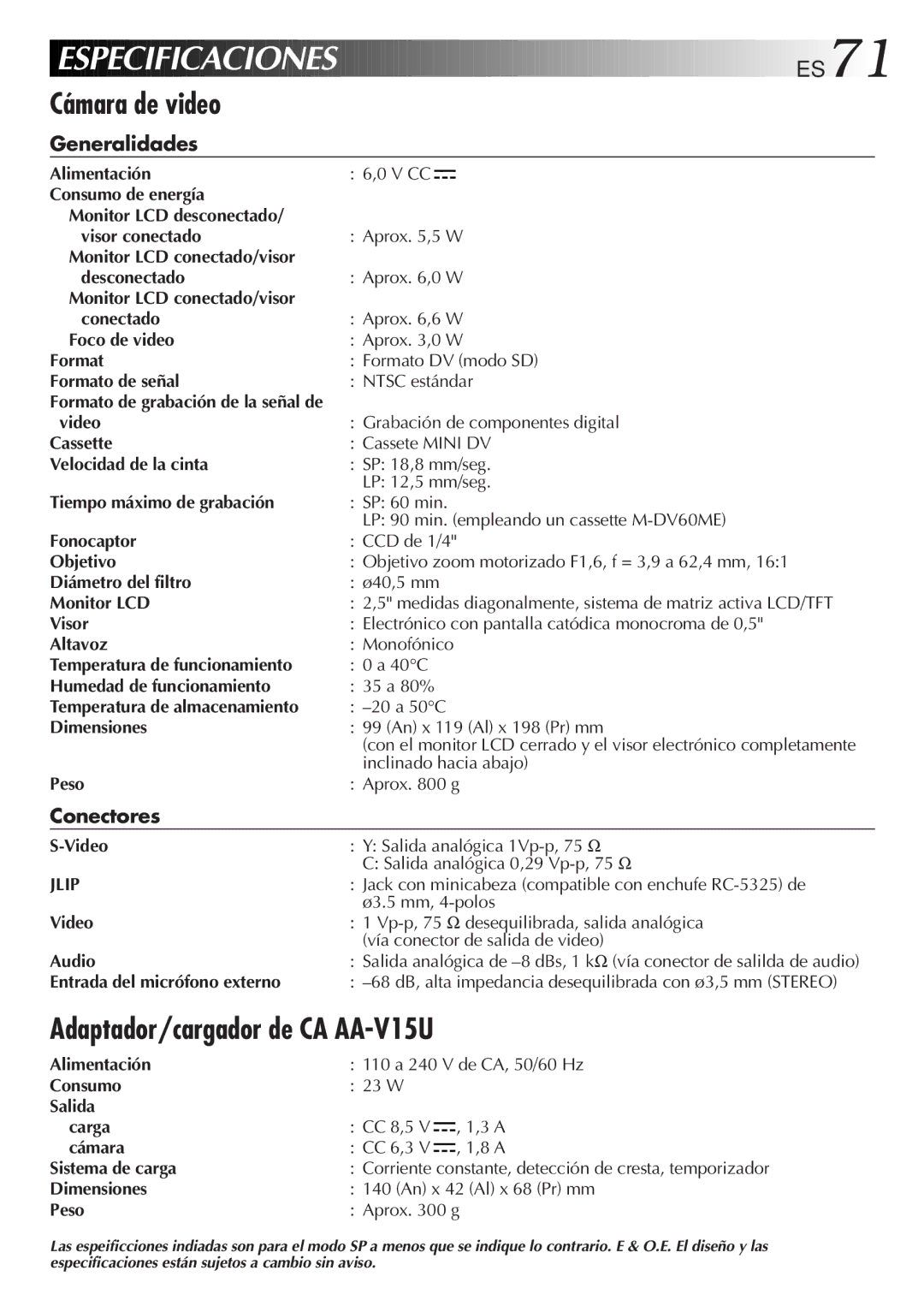 JVC GR-DVF10 manual Cámara de video, Adaptador/cargador de CA AA-V15U, Generalidades, Conectores 