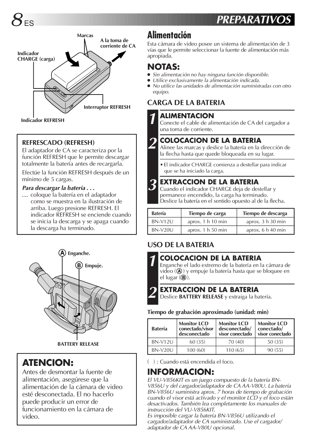 JVC GR-DVF10 manual Alimentación, Carga DE LA Bateria, USO DE LA Bateria 