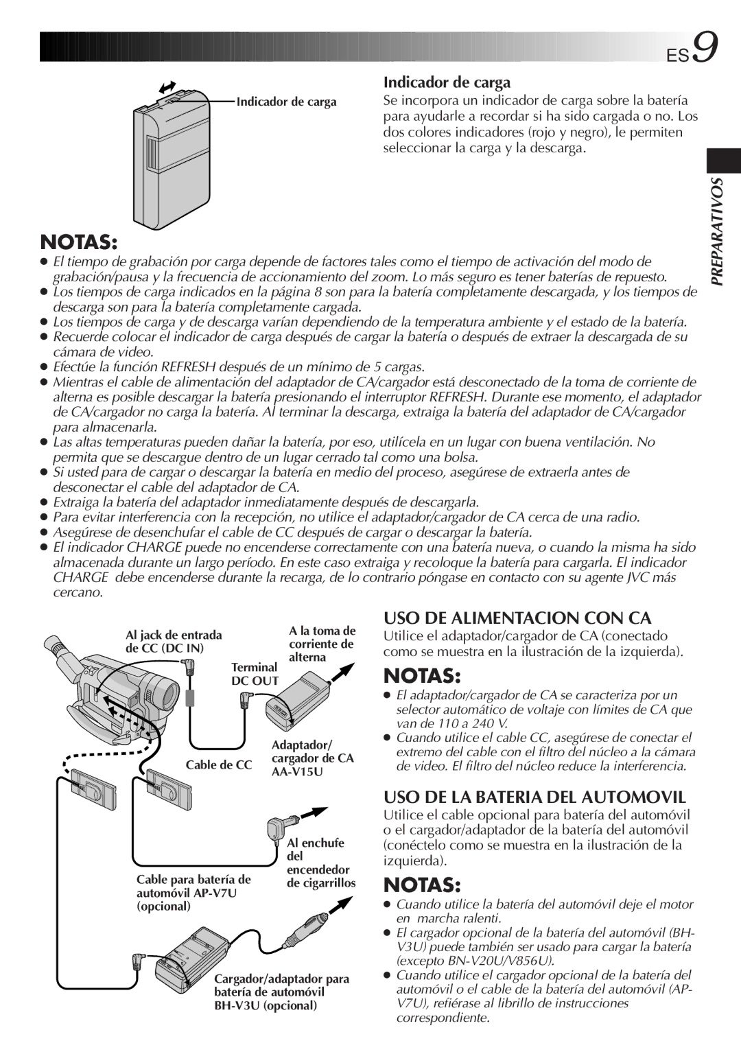 JVC GR-DVF10 manual USO DE Alimentacion CON CA, USO DE LA Bateria DEL Automovil, Indicador de carga 