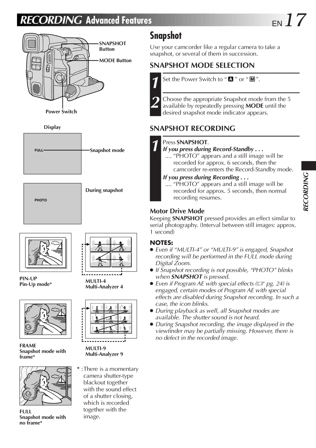 JVC GR-DVF21 Snapshot Recording, Motor Drive Mode, If you press during Record-Standby, If you press during Recording 