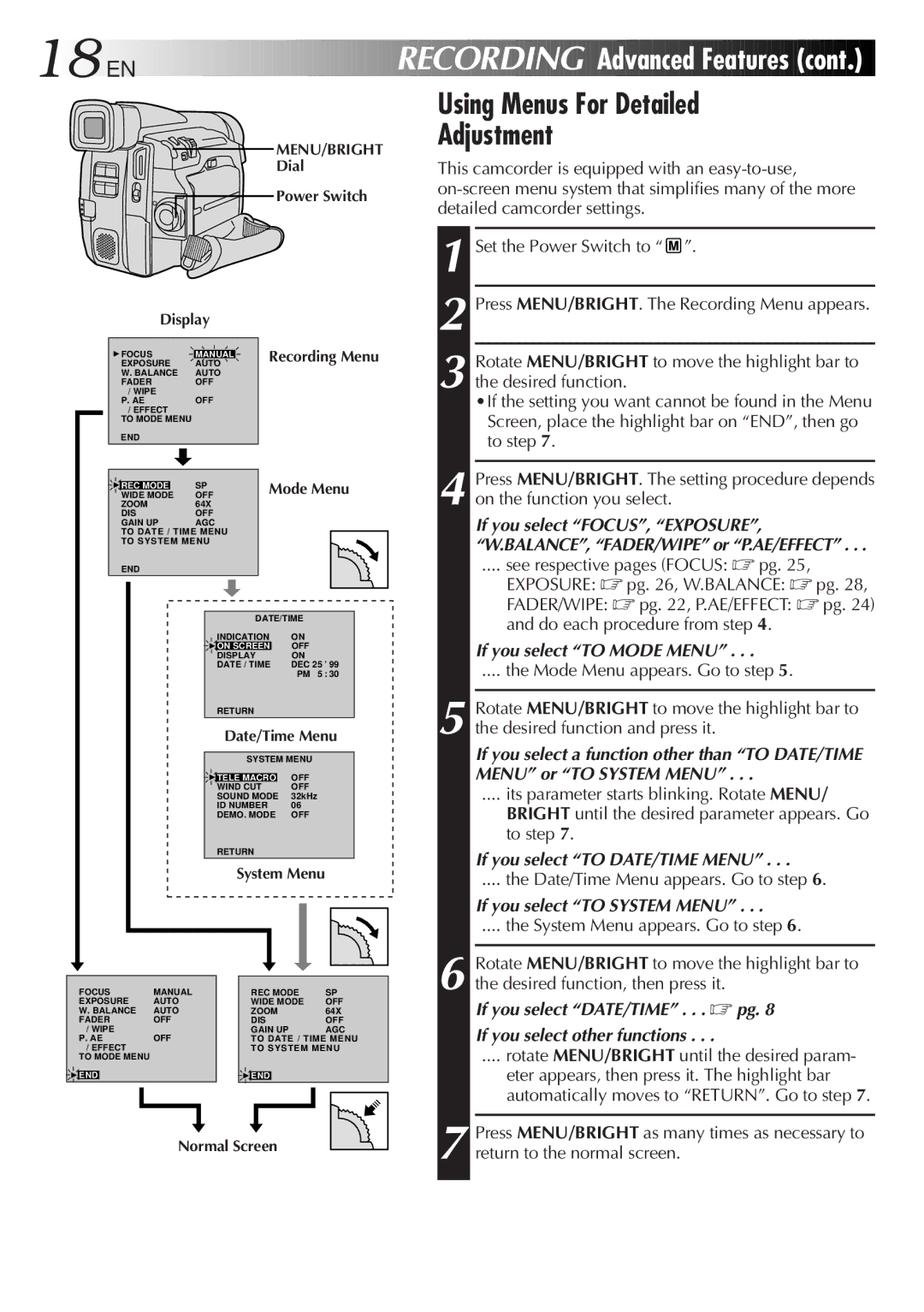 JVC GR-DVF11, GR-DVF21 specifications Using Menus For Detailed Adjustment, Rotate MENU/BRIGHT until the desired param 