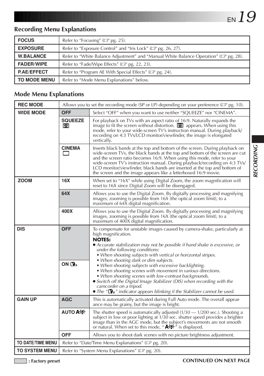 JVC GR-DVF21, GR-DVF11 specifications Recording Menu Explanations, Mode Menu Explanations, On Next 