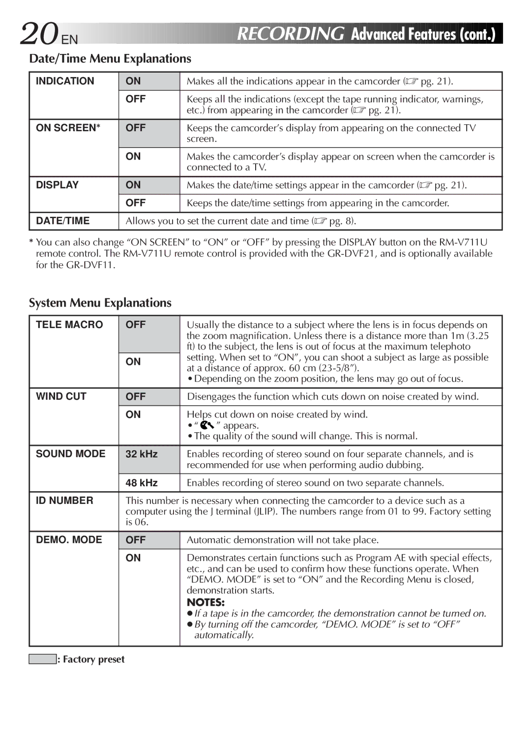 JVC GR-DVF11, GR-DVF21 specifications Date/Time Menu Explanations, System Menu Explanations, Factory preset 