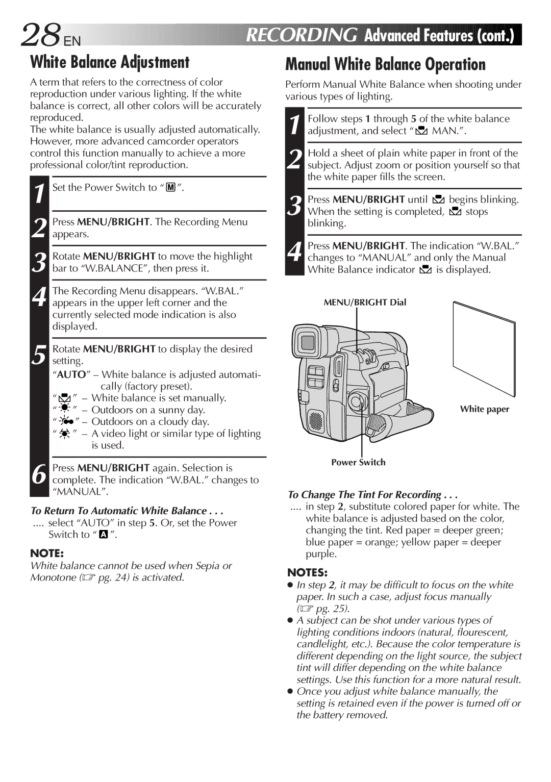 JVC GR-DVF11, GR-DVF21 White Balance Adjustment, Manual White Balance Operation, To Return To Automatic White Balance 