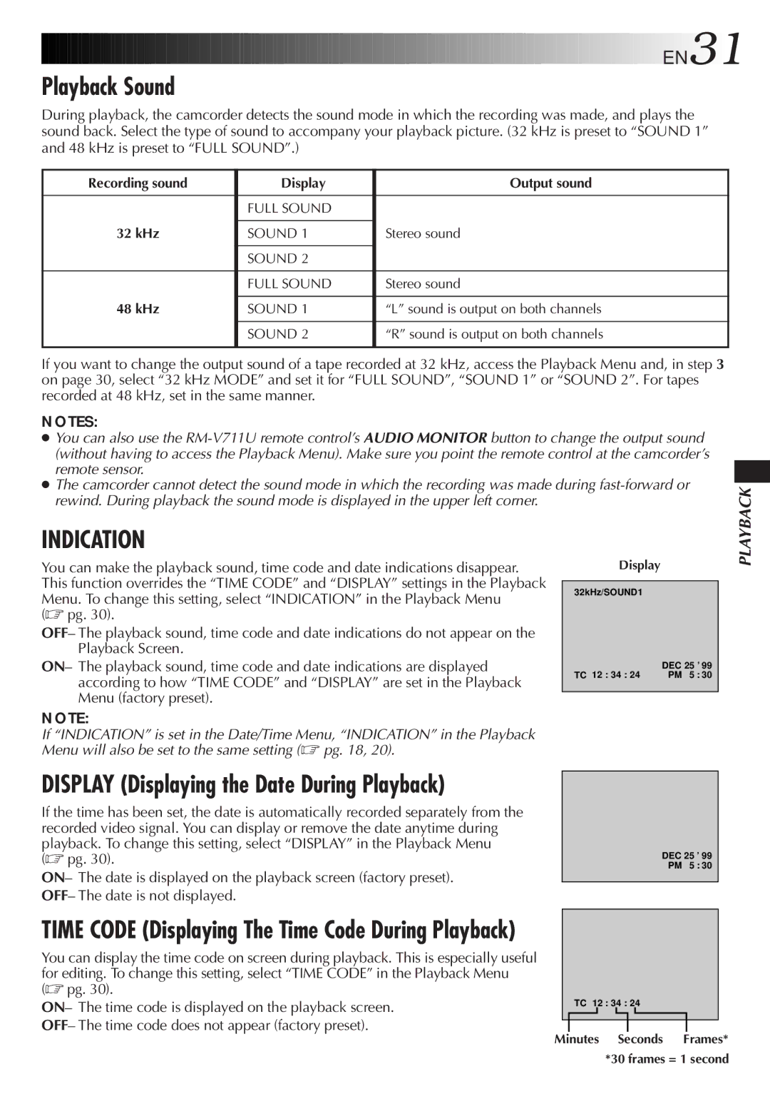 JVC GR-DVF21, GR-DVF11 specifications Playback Sound, Display Displaying the Date During Playback, EN31 