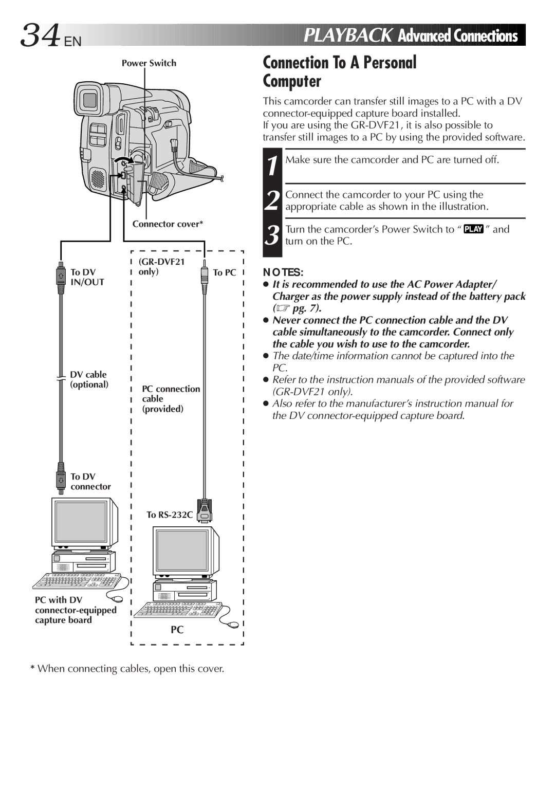 JVC GR-DVF11, GR-DVF21 specifications 34 EN, Connection To a Personal Computer 