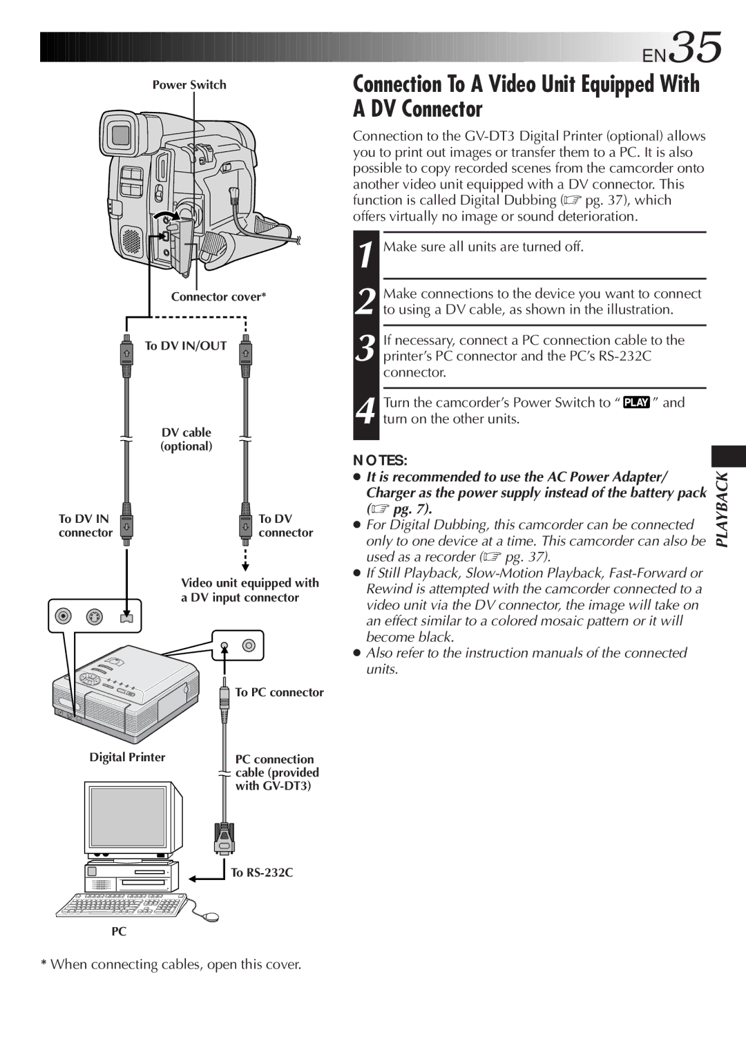 JVC GR-DVF21, GR-DVF11 Connection To a Video Unit Equipped With a DV Connector, EN35, Make sure all units are turned off 