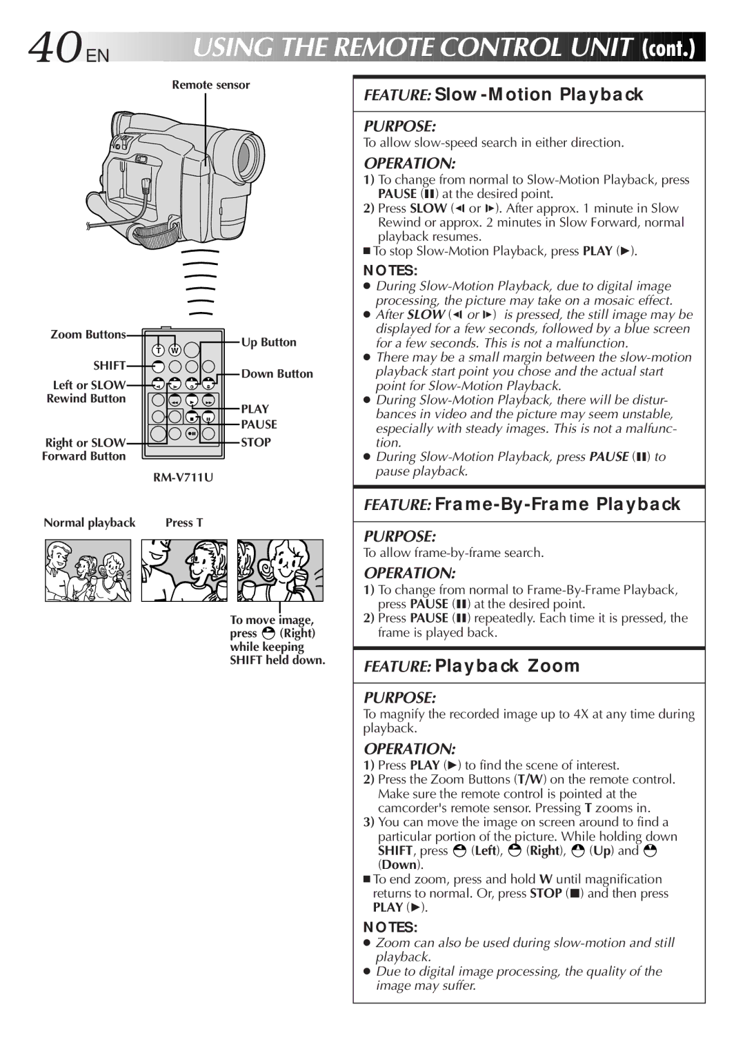 JVC GR-DVF11, GR-DVF21 40 EN, Feature Slow-Motion Playback, Feature Frame-By-Frame Playback, Feature Playback Zoom 