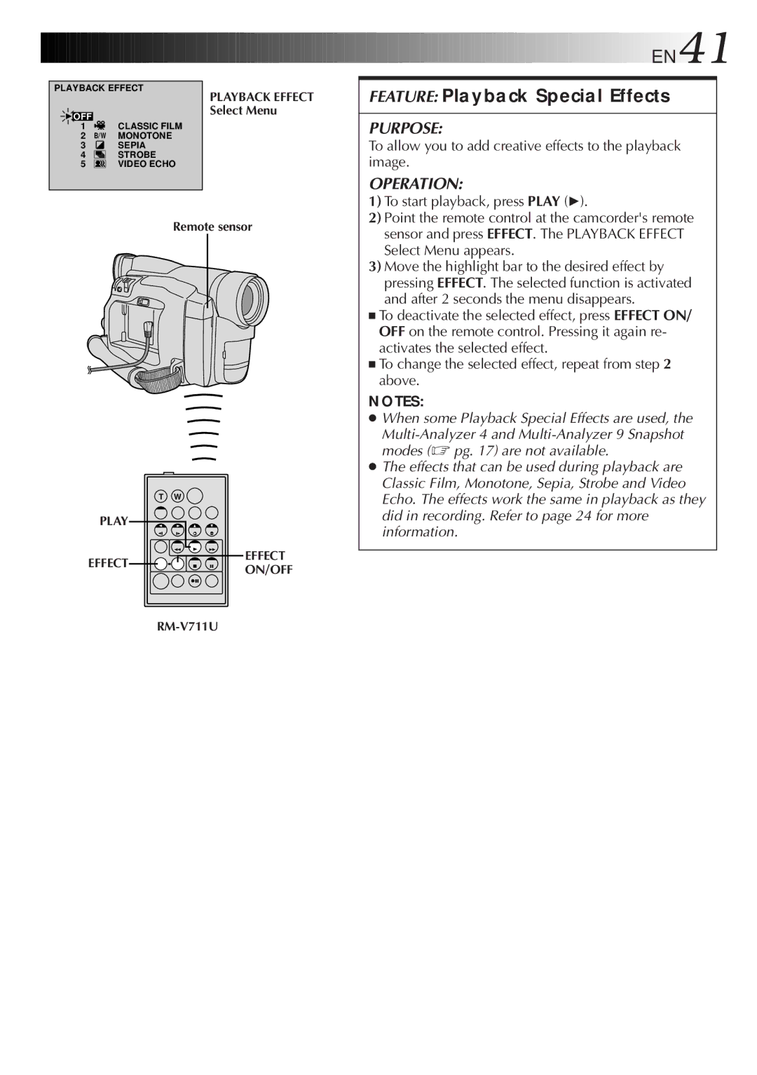 JVC GR-DVF21, GR-DVF11 EN41, Feature Playback Special Effects, To allow you to add creative effects to the playback image 