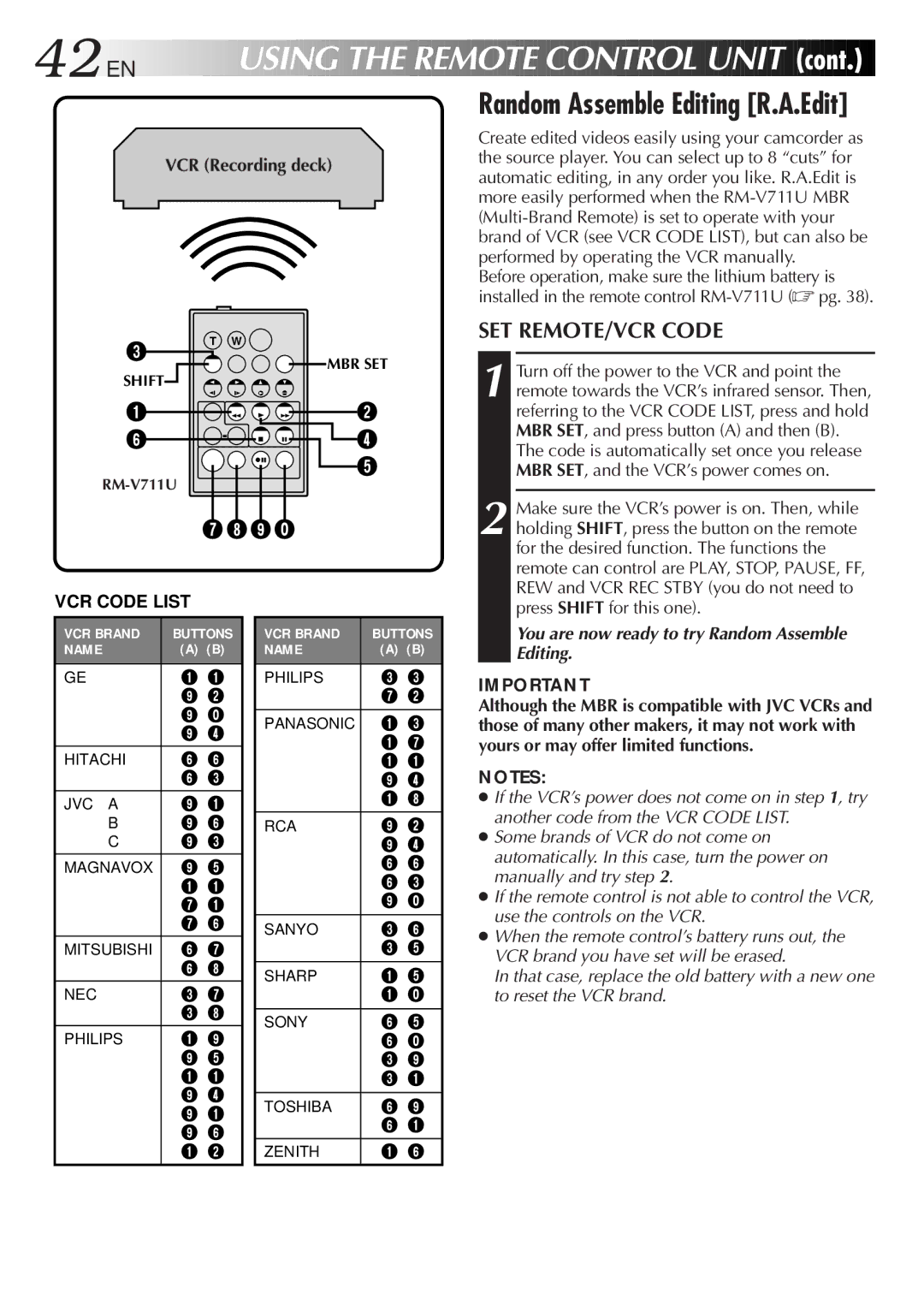 JVC GR-DVF11 42 EN, SET REMOTE/VCR Code, Create edited videos easily using your camcorder as, Press Shift for this one 