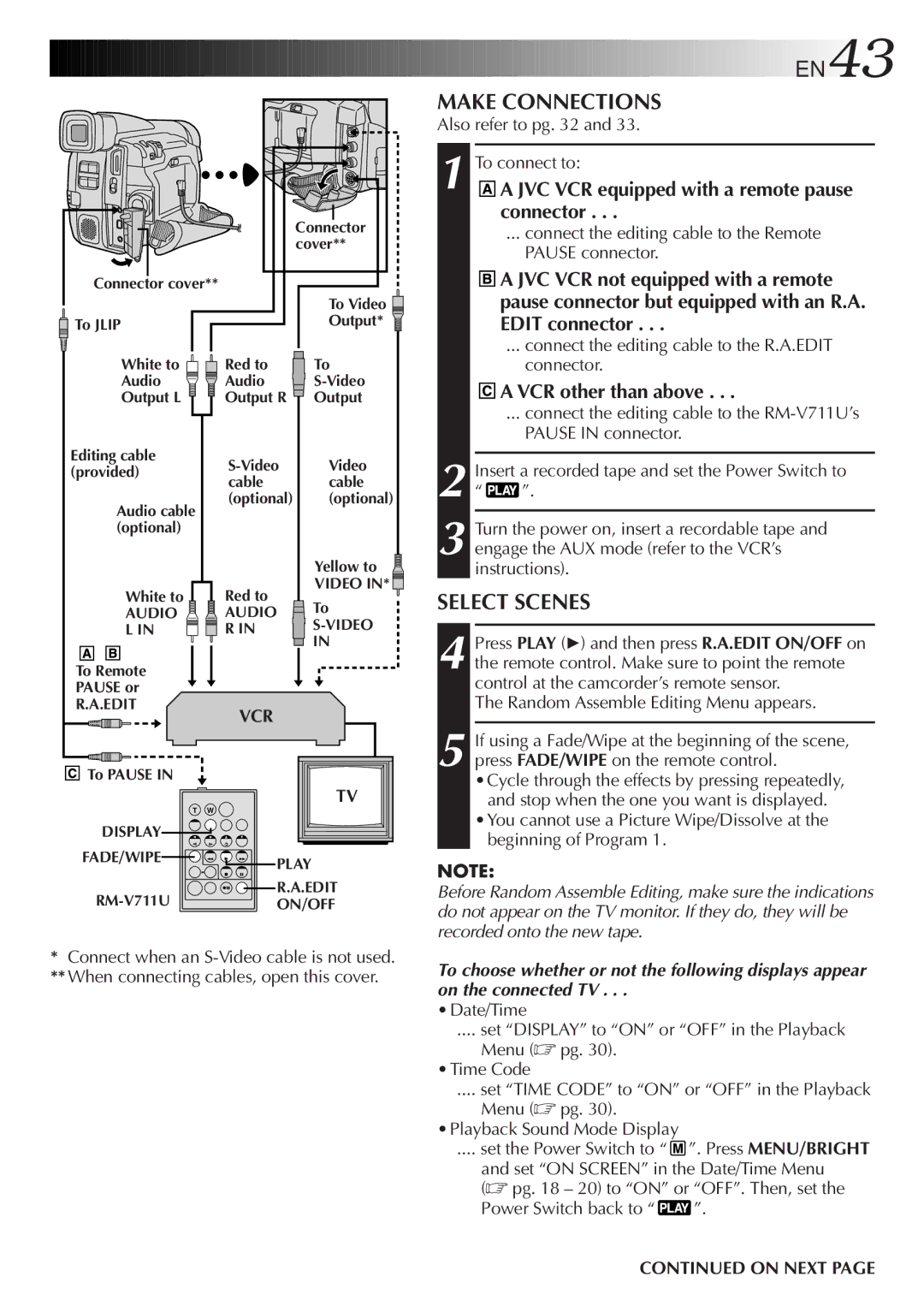 JVC GR-DVF21 EN43, Make Connections, Select Scenes, JVC VCR equipped with a remote pause connector, VCR other than above 