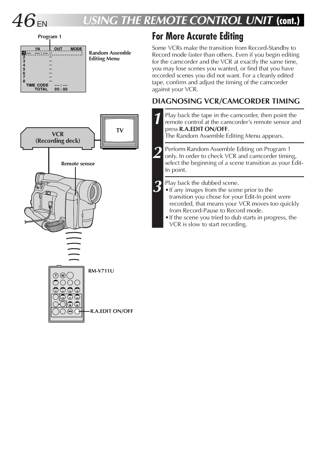 JVC GR-DVF11, GR-DVF21 specifications 46 EN, For More Accurate Editing, Diagnosing VCR/CAMCORDER Timing, Recording deck 