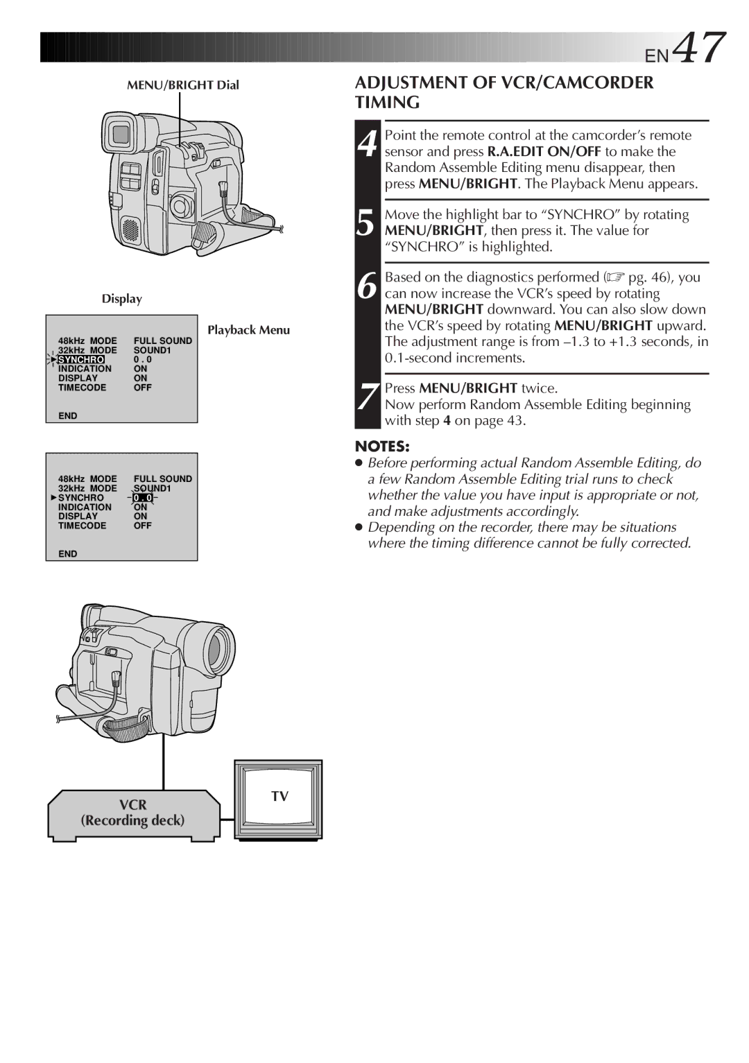 JVC GR-DVF21, GR-DVF11 specifications EN47, Adjustment of VCR/CAMCORDER Timing 