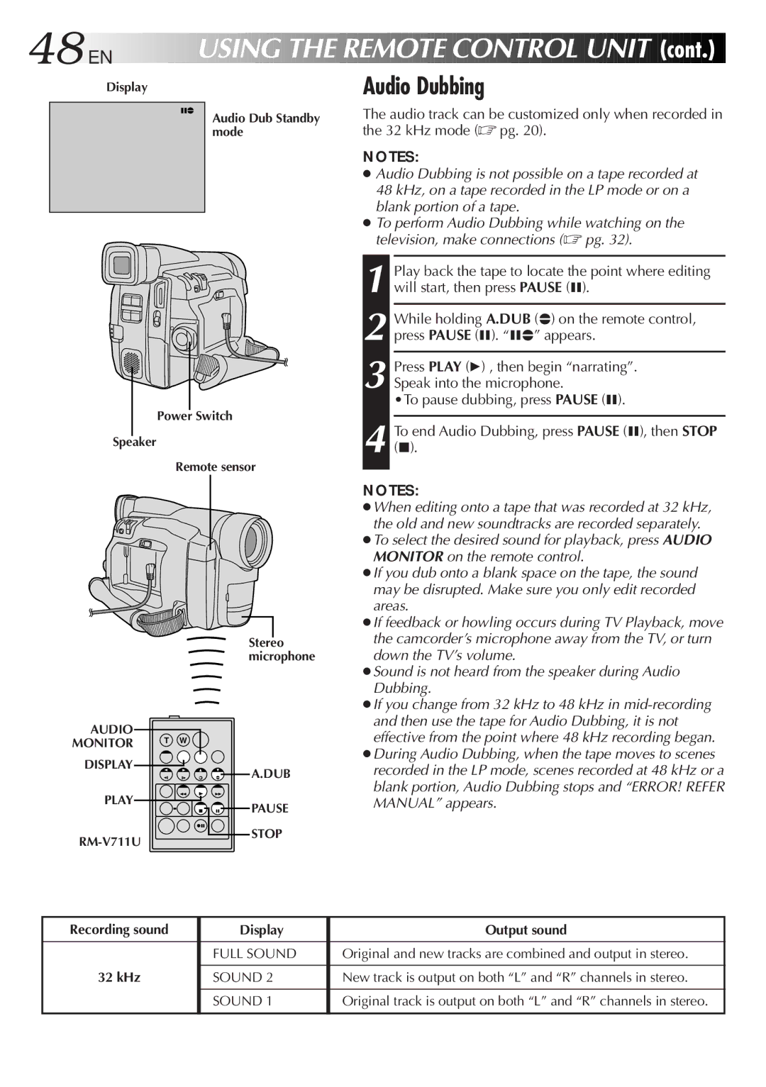 JVC GR-DVF11, GR-DVF21 specifications 48 EN, Audio Dubbing 