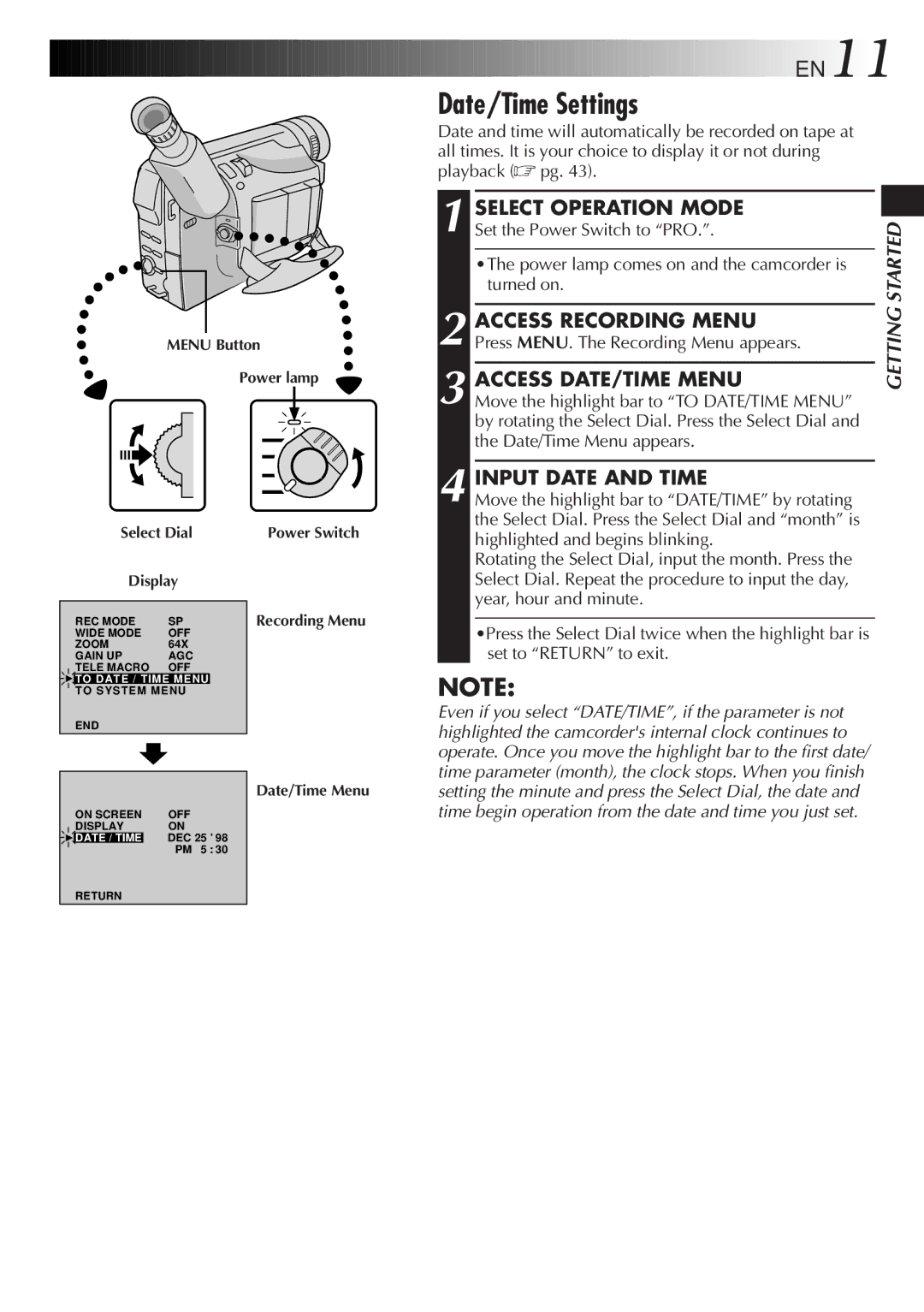 JVC LYT0244-001A, GR-DVF20 manual Date/Time Settings, EN11 