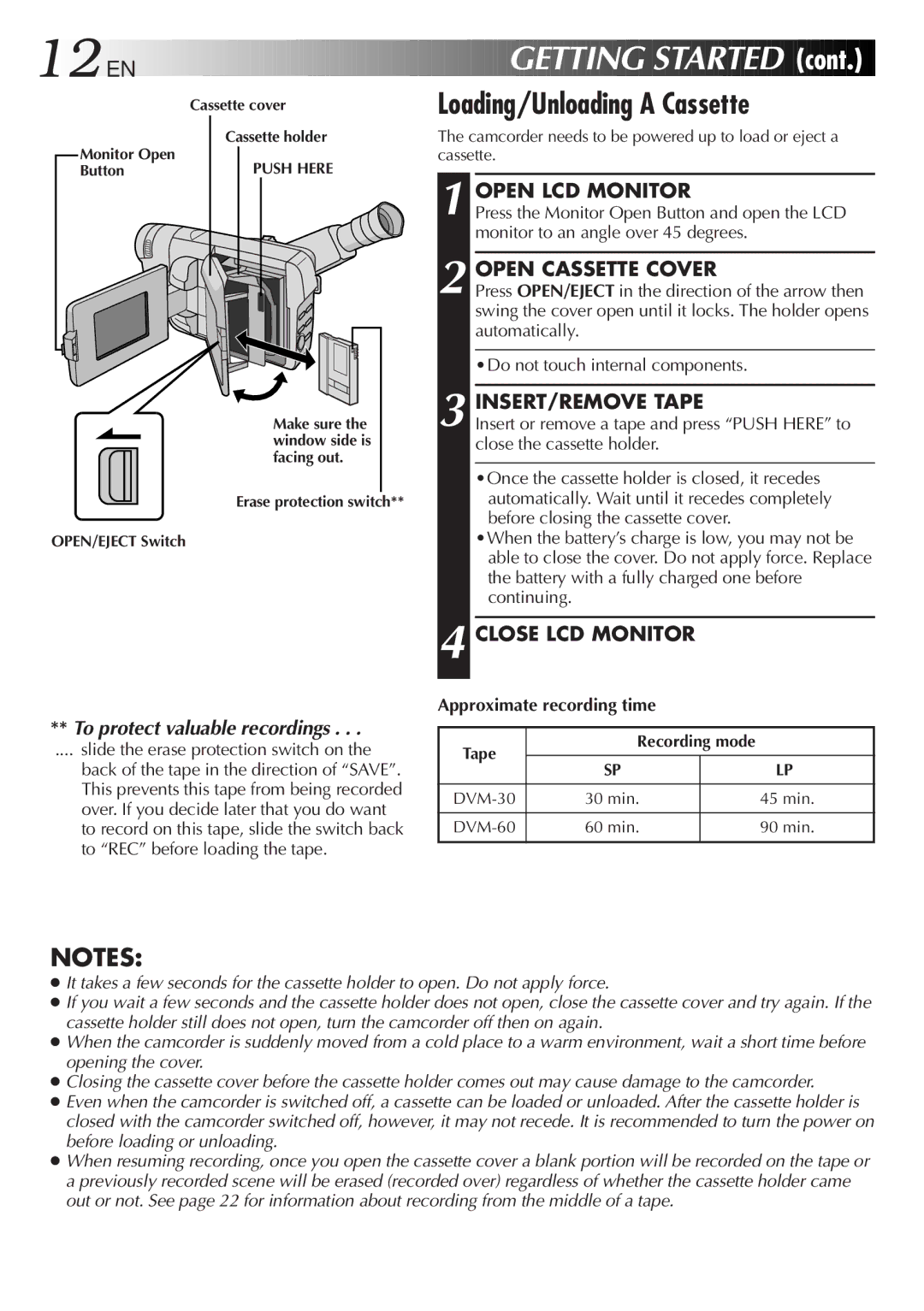 JVC GR-DVF20, LYT0244-001A manual 12 EN, Loading/Unloading a Cassette 