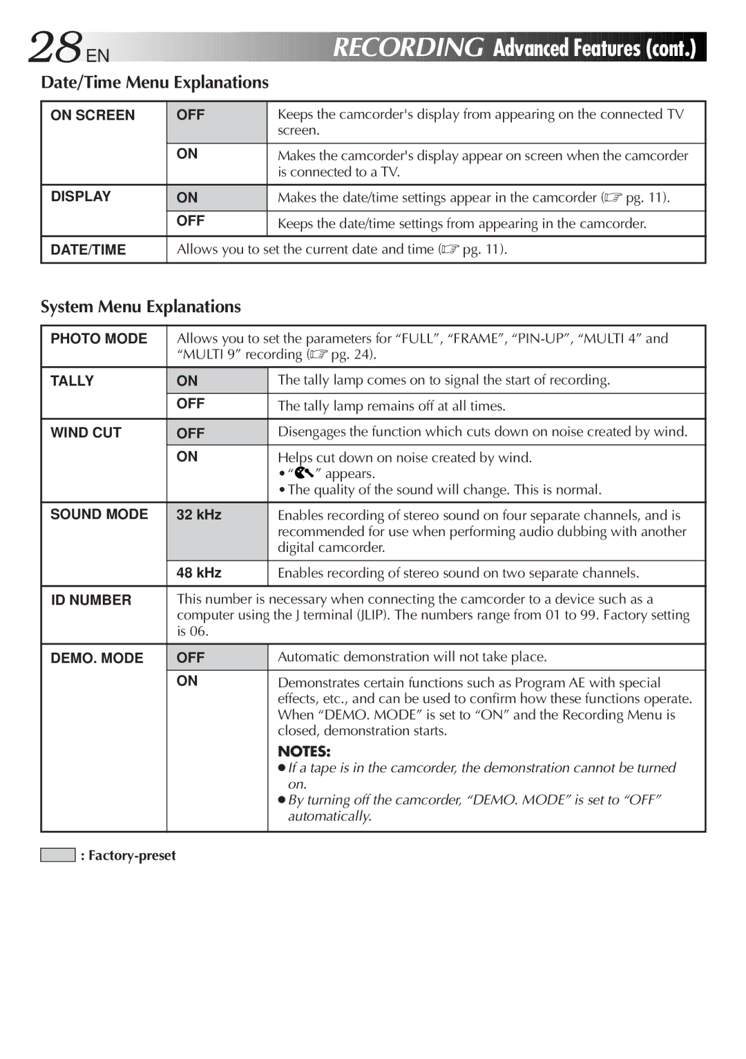 JVC GR-DVF20, LYT0244-001A manual Date/Time Menu Explanations, System Menu Explanations 