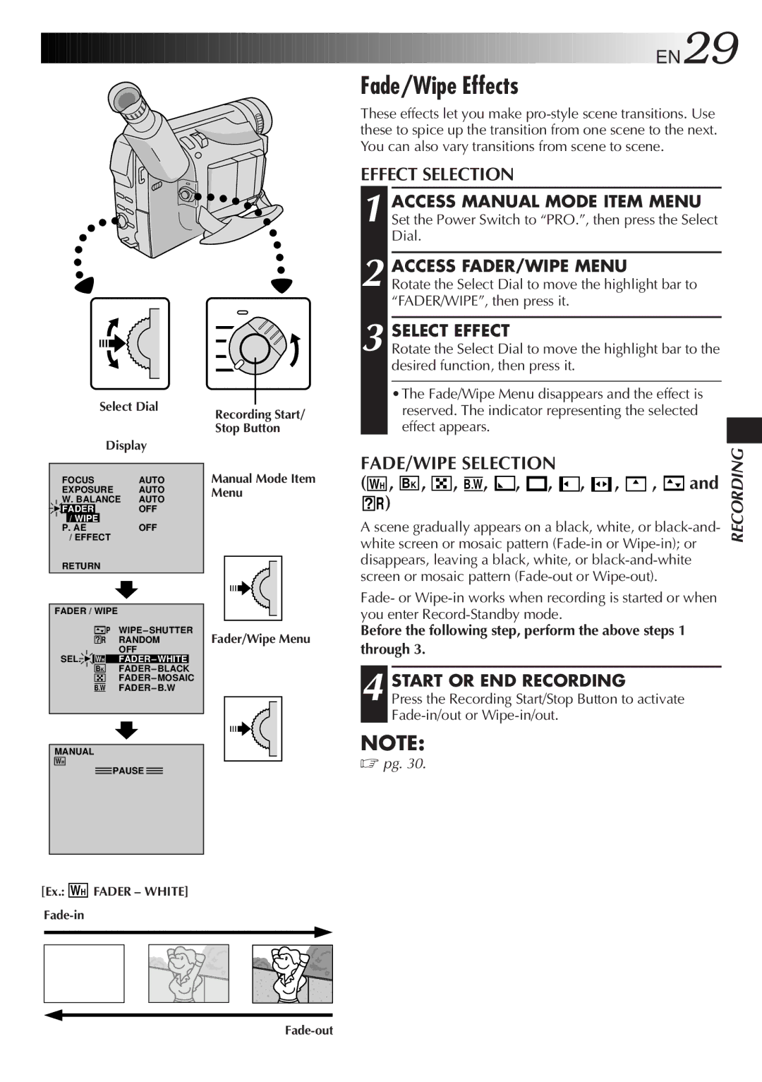 JVC LYT0244-001A, GR-DVF20 manual Fade/Wipe Effects, EN29, Effect Selection, FADE/WIPE Selection, B K , , B W 