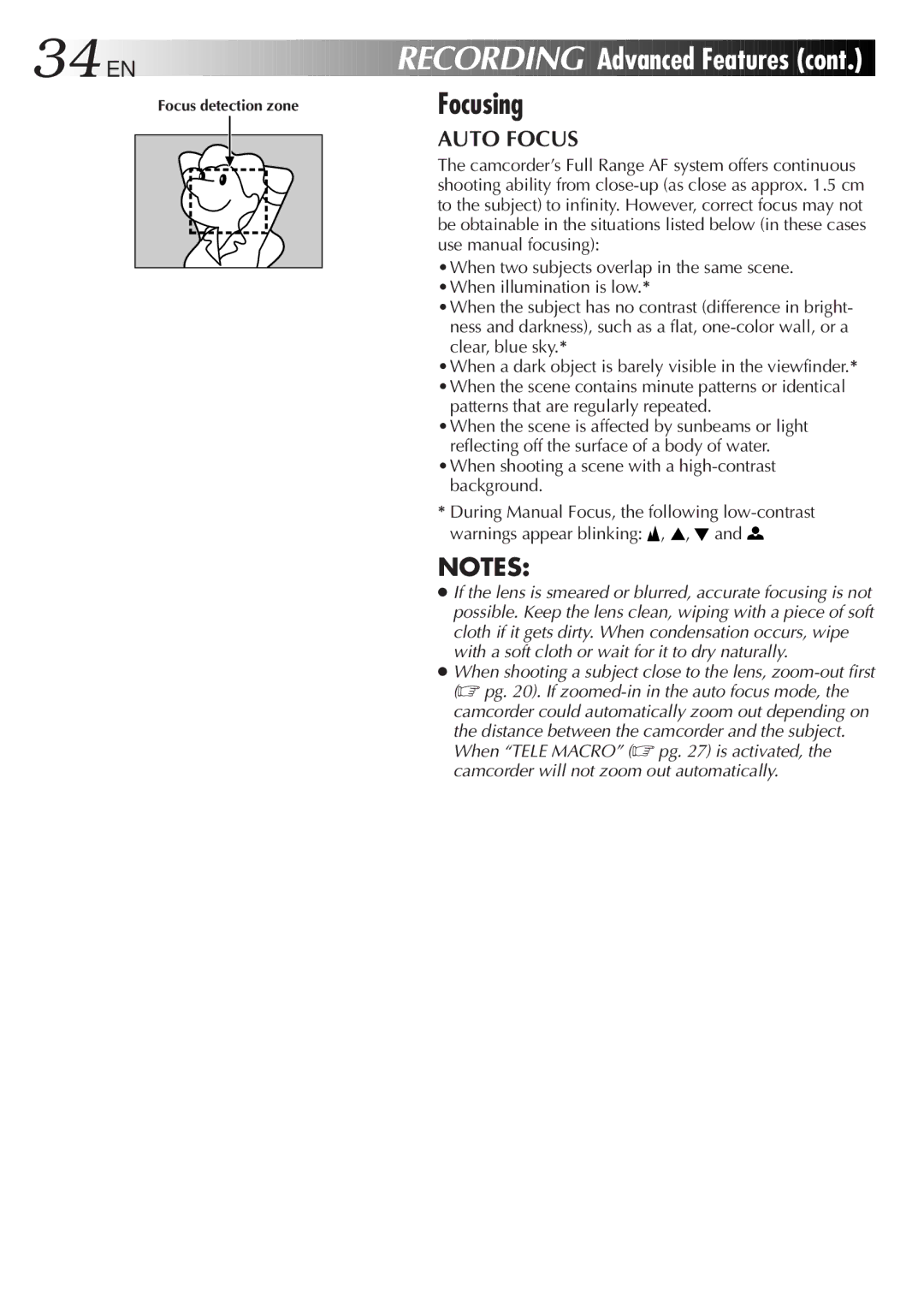 JVC GR-DVF20, LYT0244-001A manual 34 EN, Focusing, Auto Focus, Patterns that are regularly repeated 