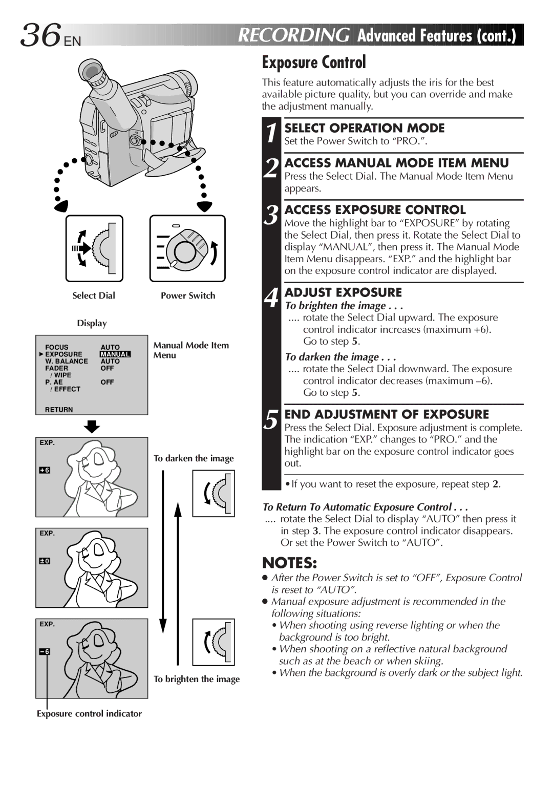 JVC GR-DVF20 manual 36 EN, Access Exposure Control, To darken the image, To Return To Automatic Exposure Control 