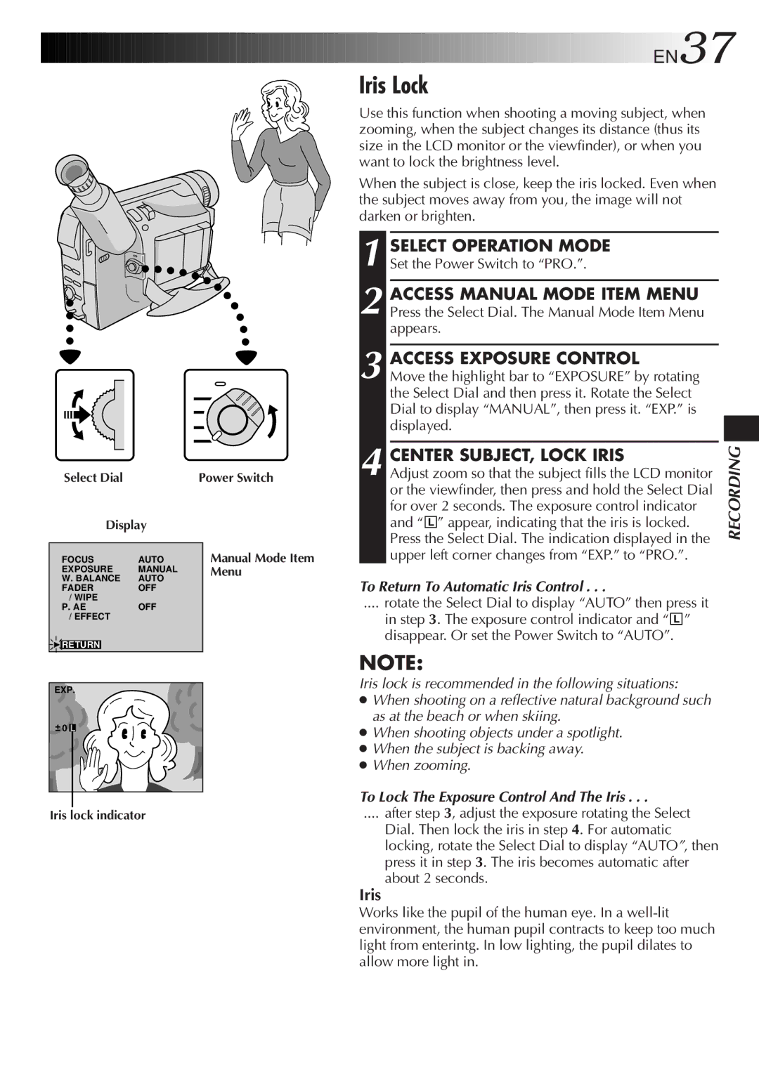 JVC LYT0244-001A, GR-DVF20 manual Iris Lock, EN37, Center SUBJECT, Lock Iris 