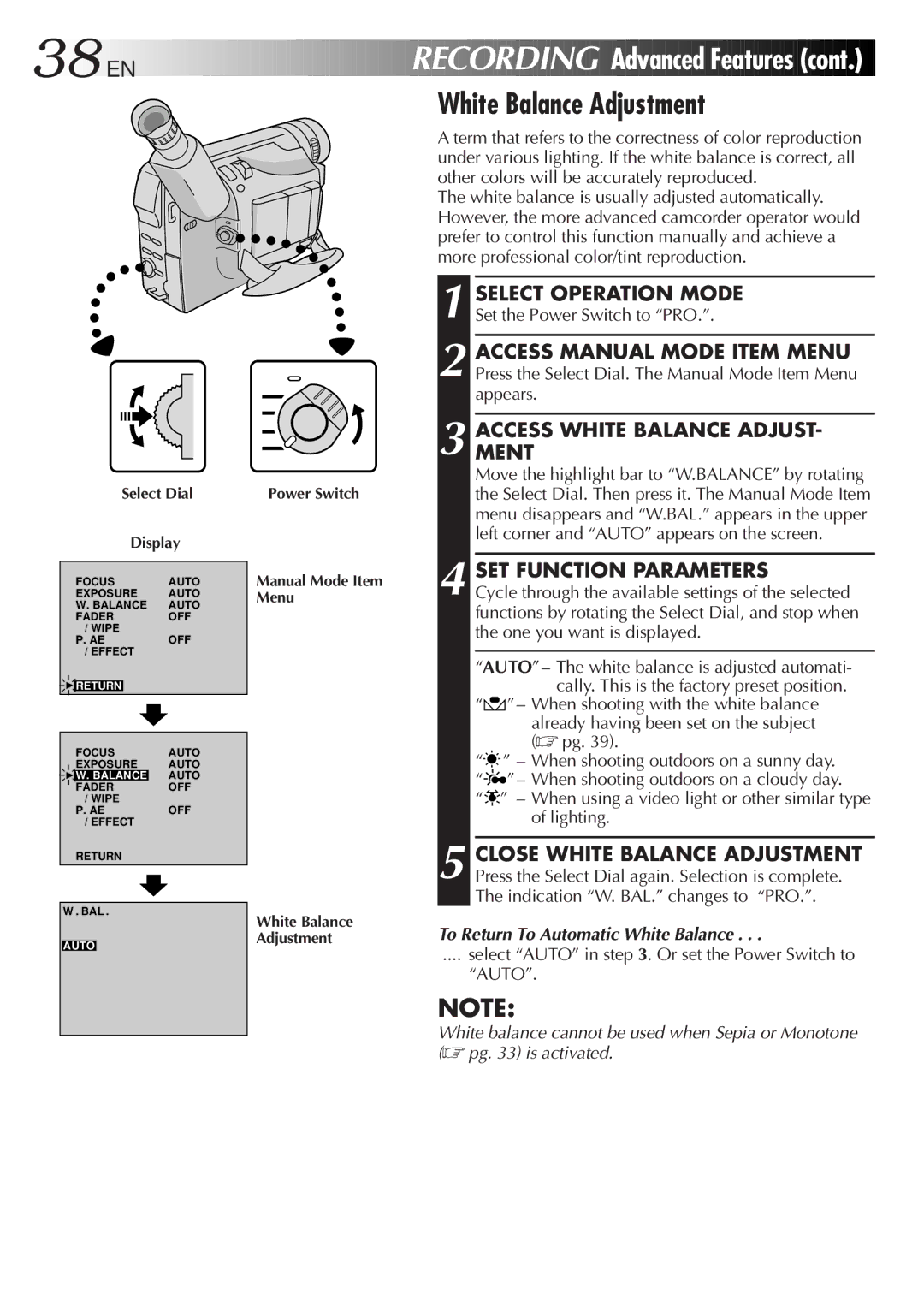 JVC GR-DVF20 manual 38 EN, White Balance Adjustment, Accessment White Balance Adjust, To Return To Automatic White Balance 