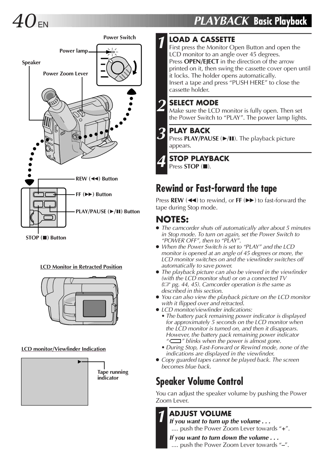 JVC GR-DVF20, LYT0244-001A manual 40 EN, Playback Basic Playback, Rewind or Fast-forward the tape, Speaker Volume Control 