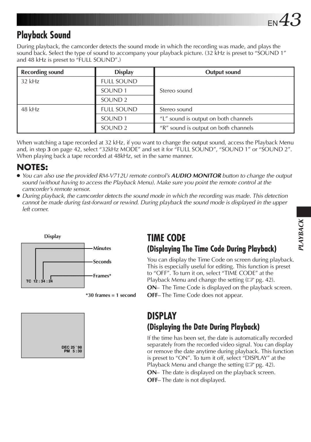 JVC LYT0244-001A manual Playback Sound, Displaying the Date During Playback, EN43, Displaying The Time Code During Playback 