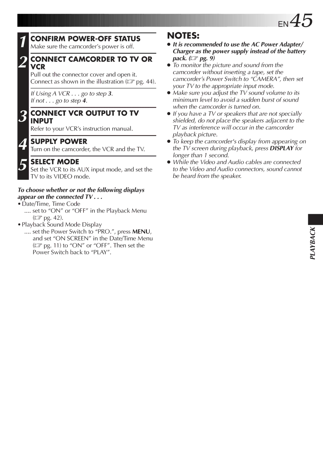 JVC LYT0244-001A, GR-DVF20 manual EN45, Connectvcr Camcorder to TV or, Connectinput VCR Output to TV Supply Power 