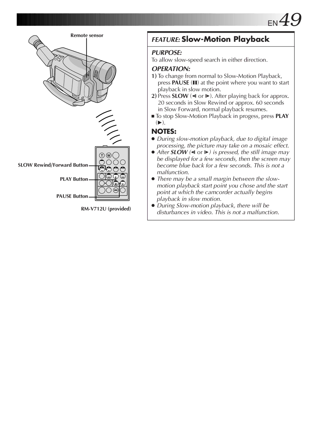 JVC LYT0244-001A EN49, To allow slow-speed search in either direction, To stop Slow-Motion Playback in progess, press Play 