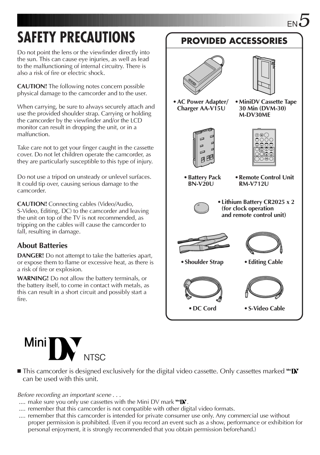 JVC LYT0244-001A, GR-DVF20 manual EN5, About Batteries, Min DVM-30, Battery Pack, DC Cord 