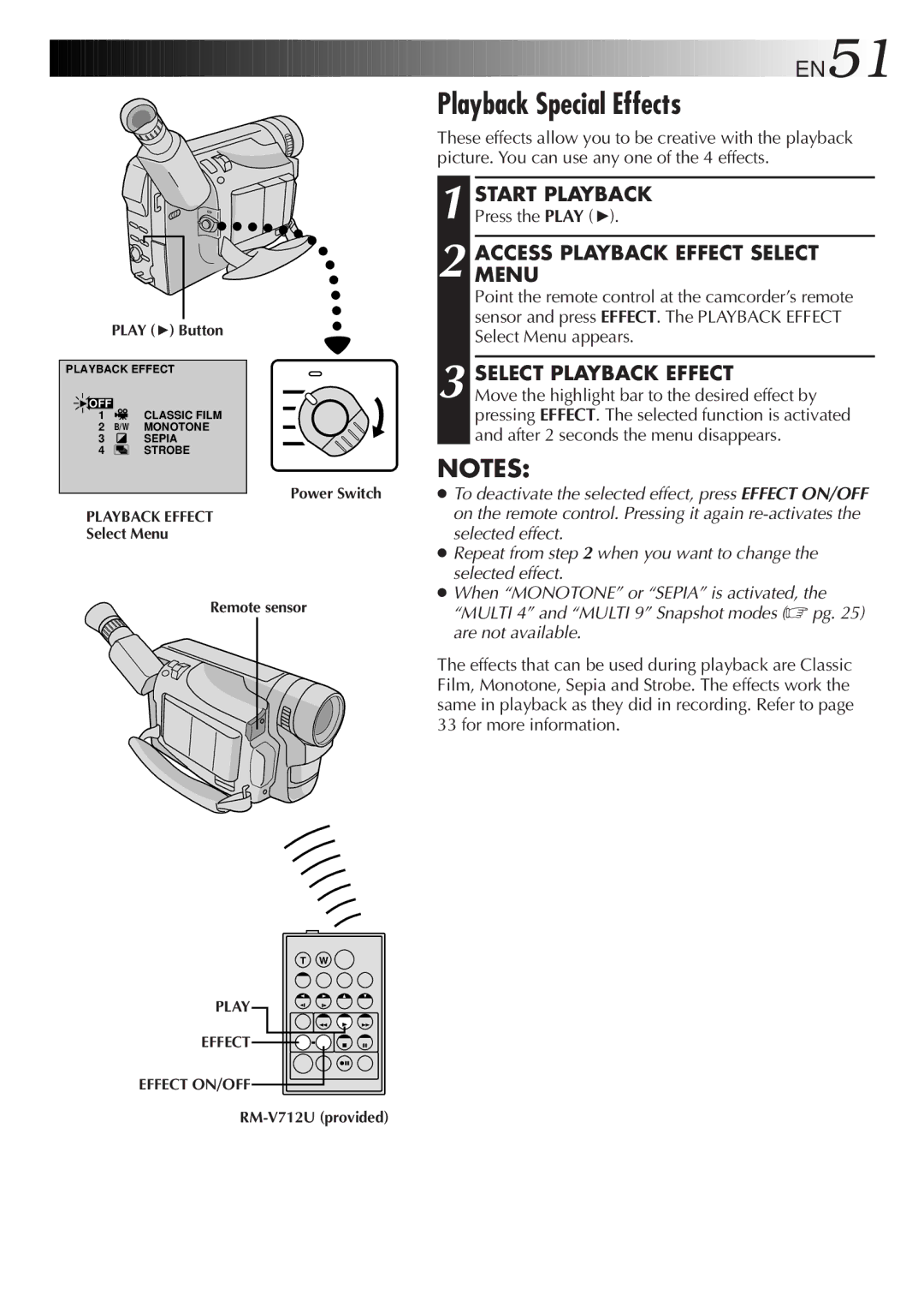 JVC LYT0244-001A Playback Special Effects, EN51, Start Playback, Accessmenu Playback Effect Select, Select Playback Effect 