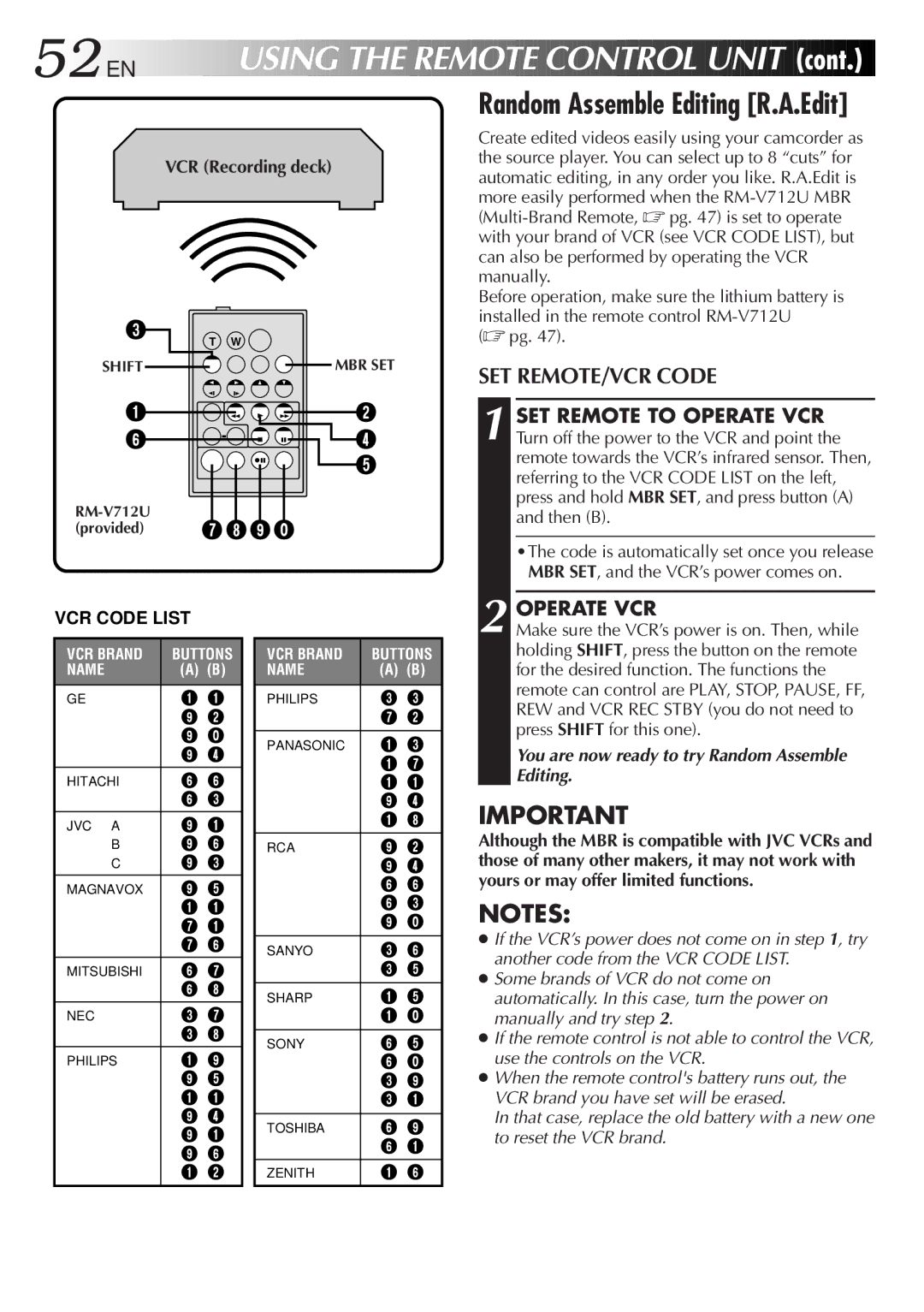 JVC GR-DVF20, LYT0244-001A manual 52 EN, Random Assemble Editing R.A.Edit, SET REMOTE/VCR Code, Operate VCR 