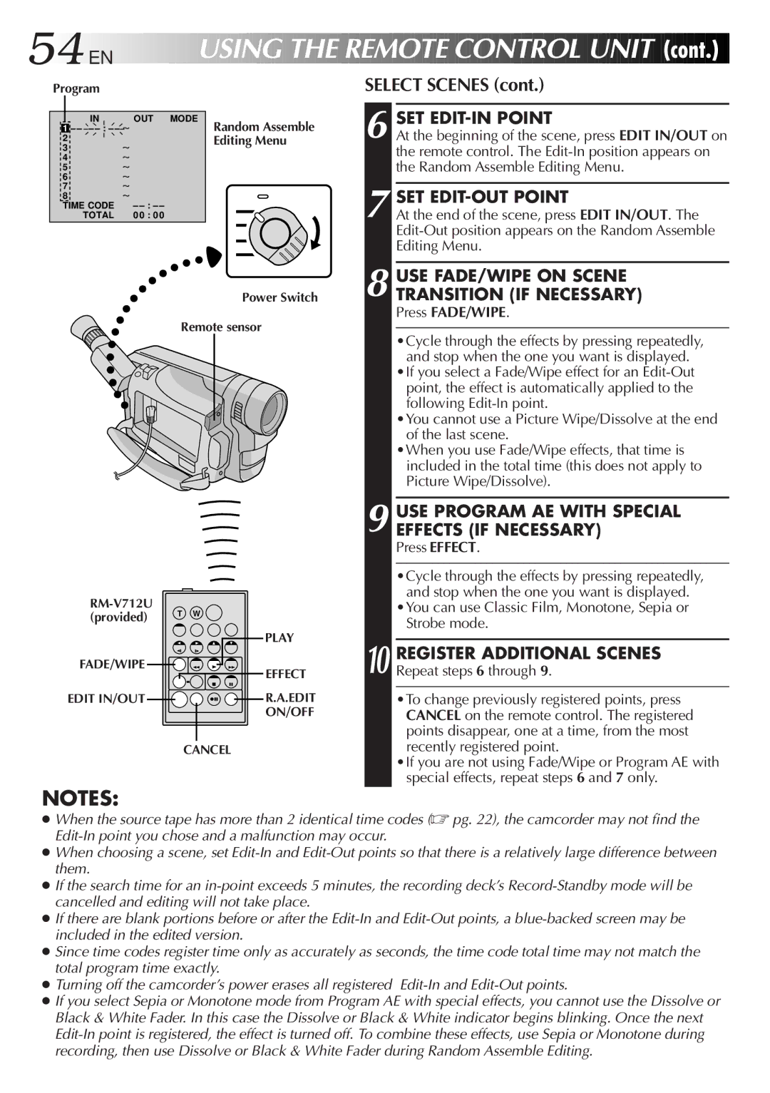 JVC GR-DVF20, LYT0244-001A manual 54 EN, Select Scenes, USE FADE/WIPE on Scene Transition if Necessary, Press FADE/WIPE 