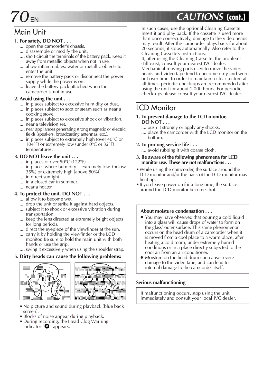 JVC GR-DVF20 For safety, do not, Avoid using the unit, To prevent damage to the LCD monitor, do not, Do not leave the unit 