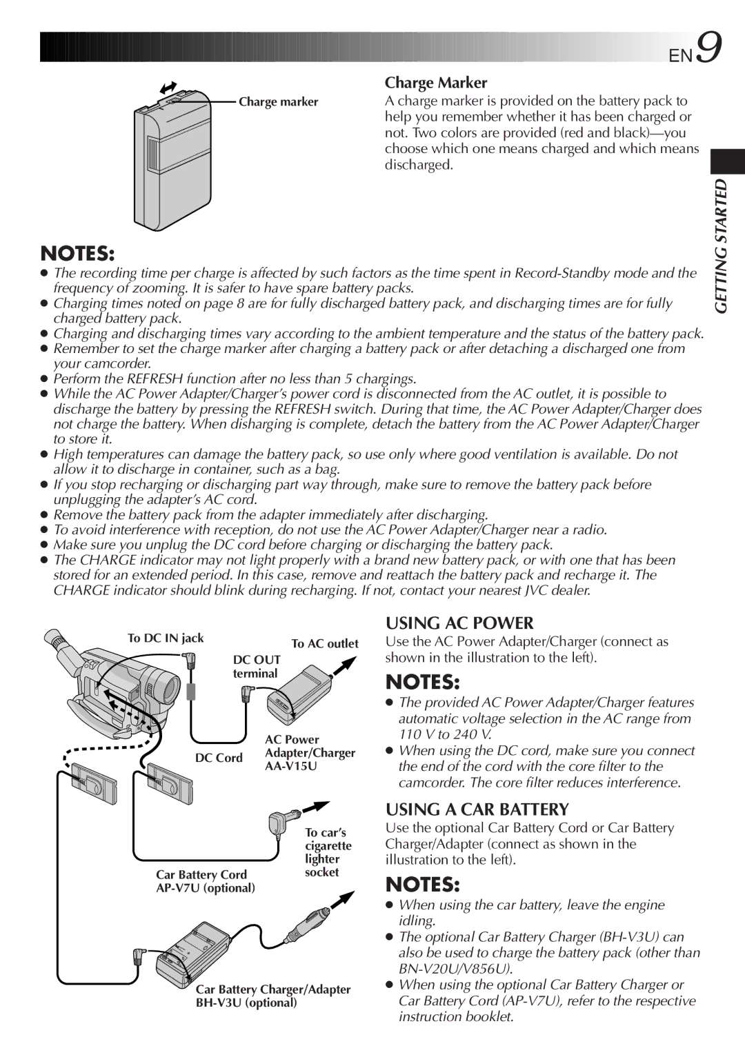 JVC LYT0244-001A, GR-DVF20 manual Using AC Power, Using a CAR Battery, Charge Marker 