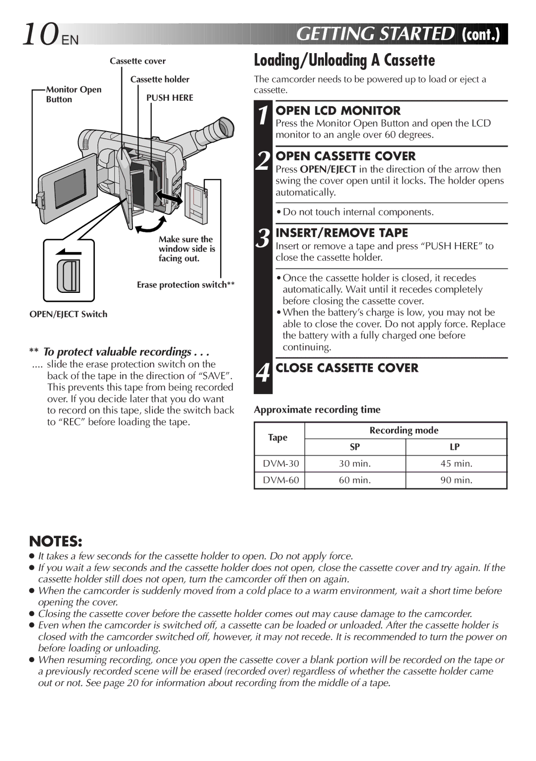 JVC GR-DVF25 manual Cont, Open LCD Monitor, Open Cassette Cover, INSERT/REMOVE Tape, Close Cassette Cover 