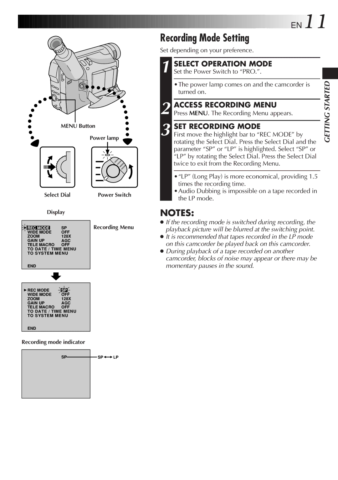 JVC GR-DVF25 manual Recording Mode Setting, SET Recording Mode, Set depending on your preference 