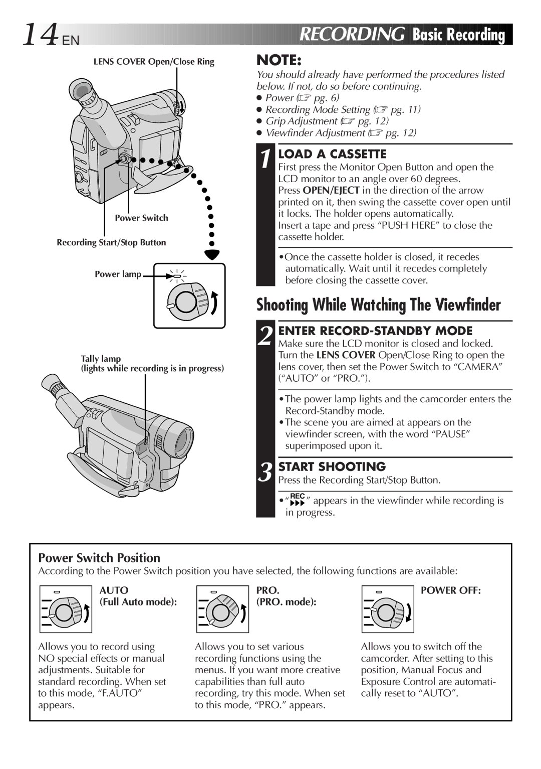 JVC GR-DVF25 manual Power Switch Position, Load a Cassette, Start Shooting, Full Auto mode, PRO. mode 