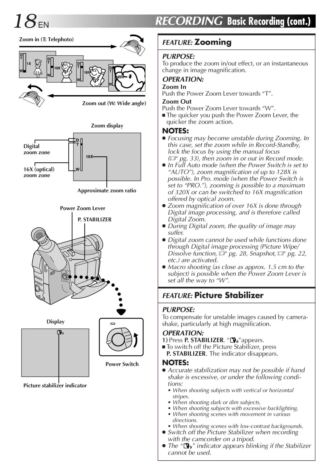 JVC GR-DVF25 manual Basic Recording, Feature Picture Stabilizer, Zoom Out 