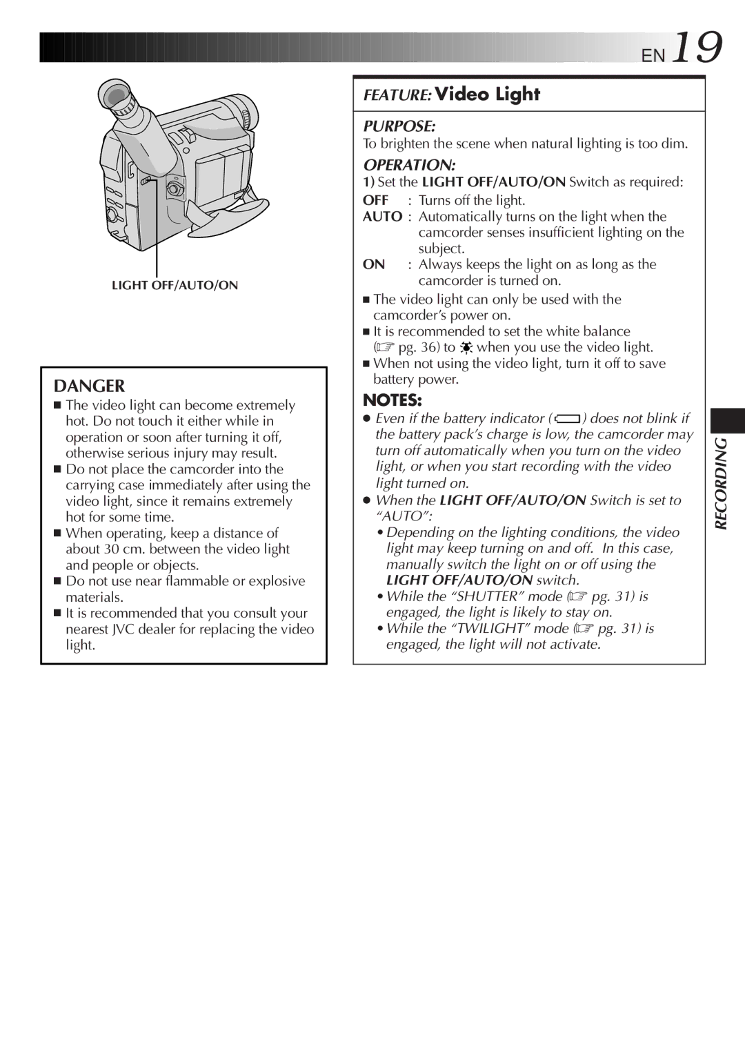 JVC GR-DVF25 manual Feature Video Light, To brighten the scene when natural lighting is too dim 