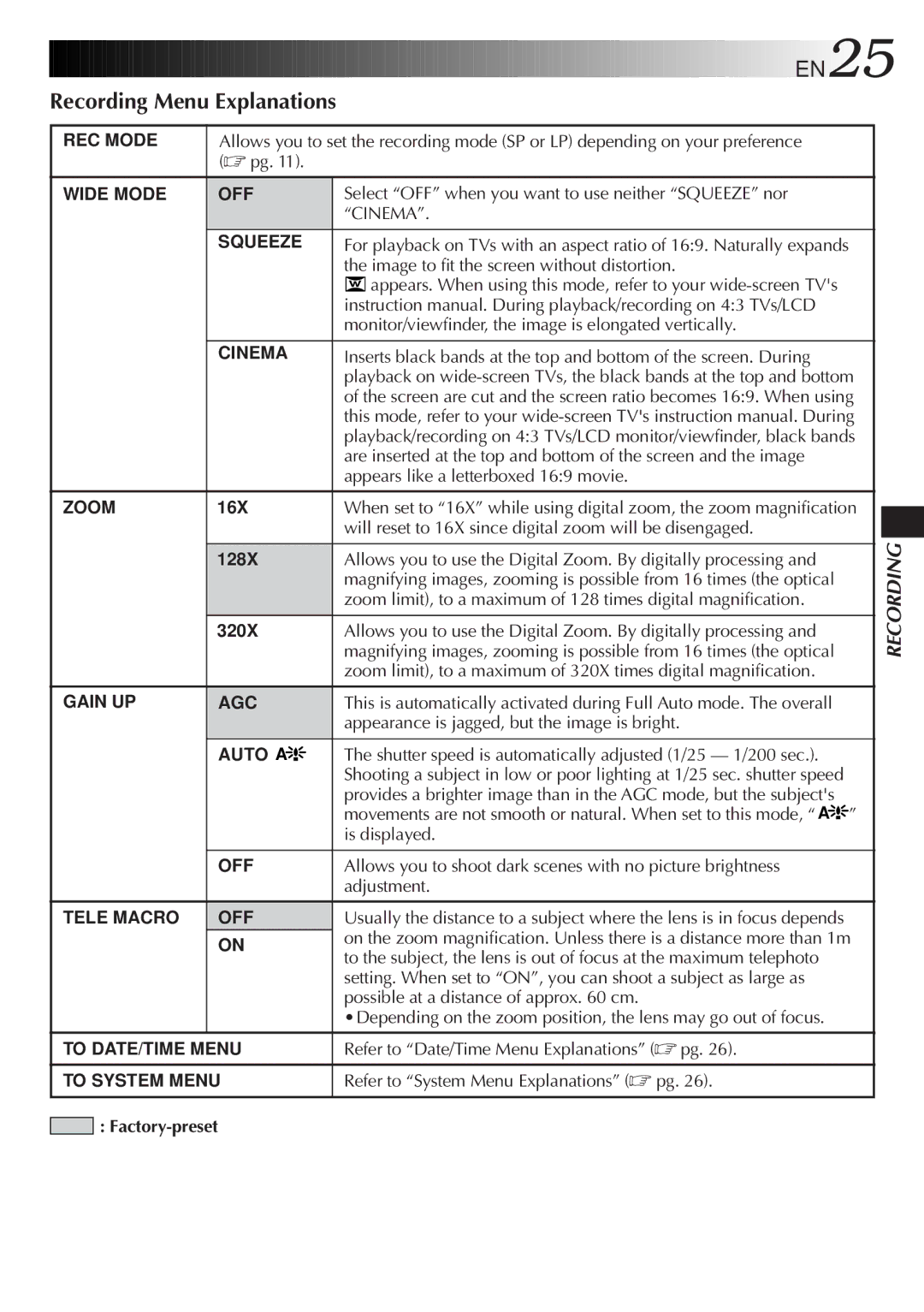 JVC GR-DVF25 manual Recording Menu Explanations, Factory-preset 