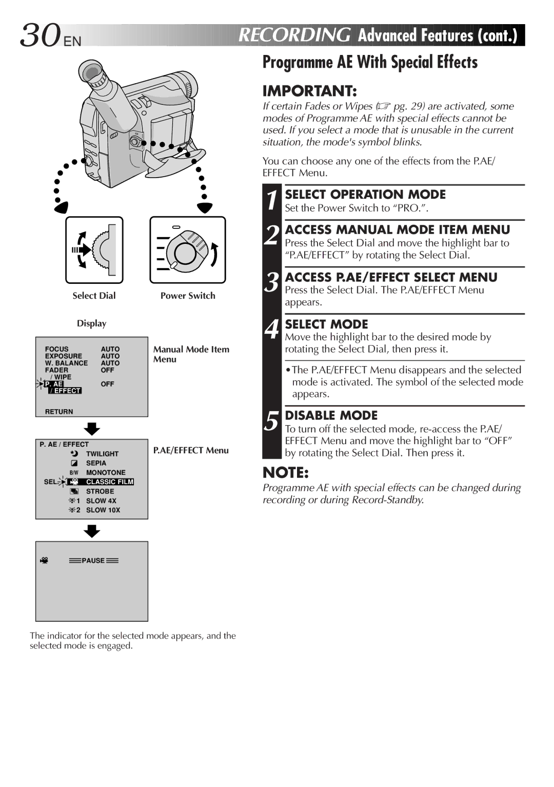 JVC GR-DVF25 manual Recording Advanced Features, Programme AE With Special Effects, Select Mode, Disable Mode 