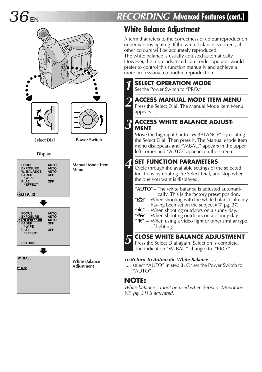 JVC GR-DVF25 manual White Balance Adjustment, Accessment White Balance Adjust, To Return To Automatic White Balance 